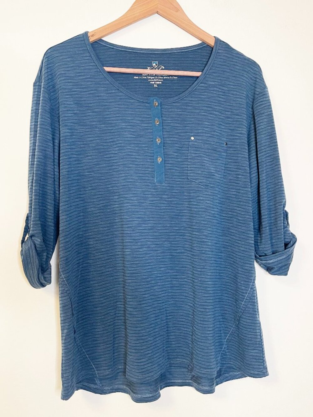 KUHL Women's XL Blue Striped Henley Tunic Top Roll Tab Sleeves Outdoor Casual